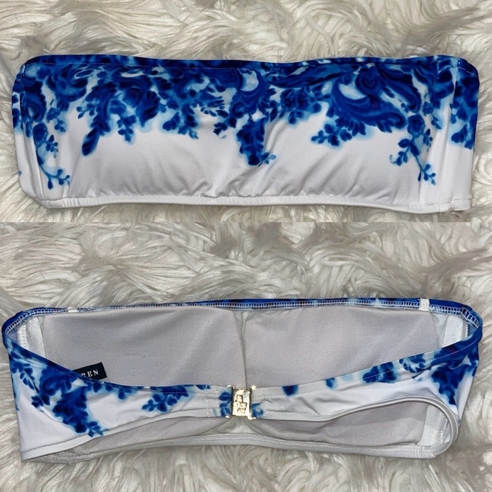 Ralph Lauren Blue/White Floral-Print Bandeau Bikini Top